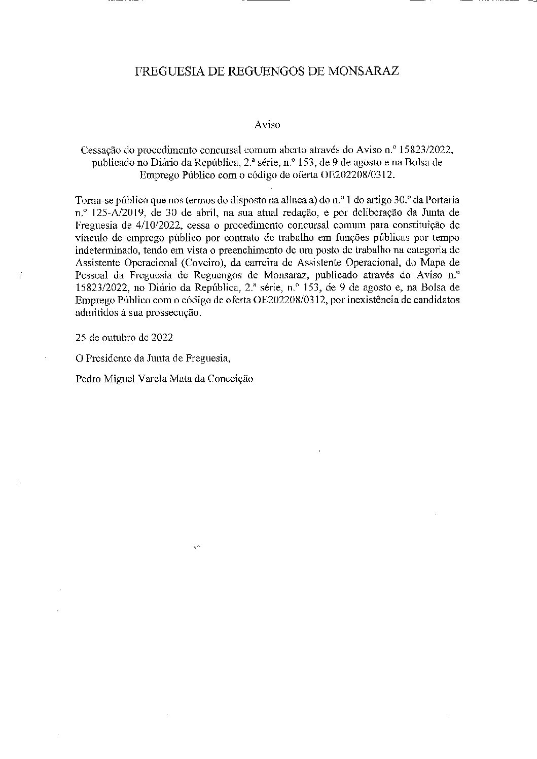 Aviso Cessação do procedimento concursal